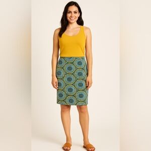 NWT Lularoe Cassie Pencil Skirt Size Large Teal Gold Tulips Print